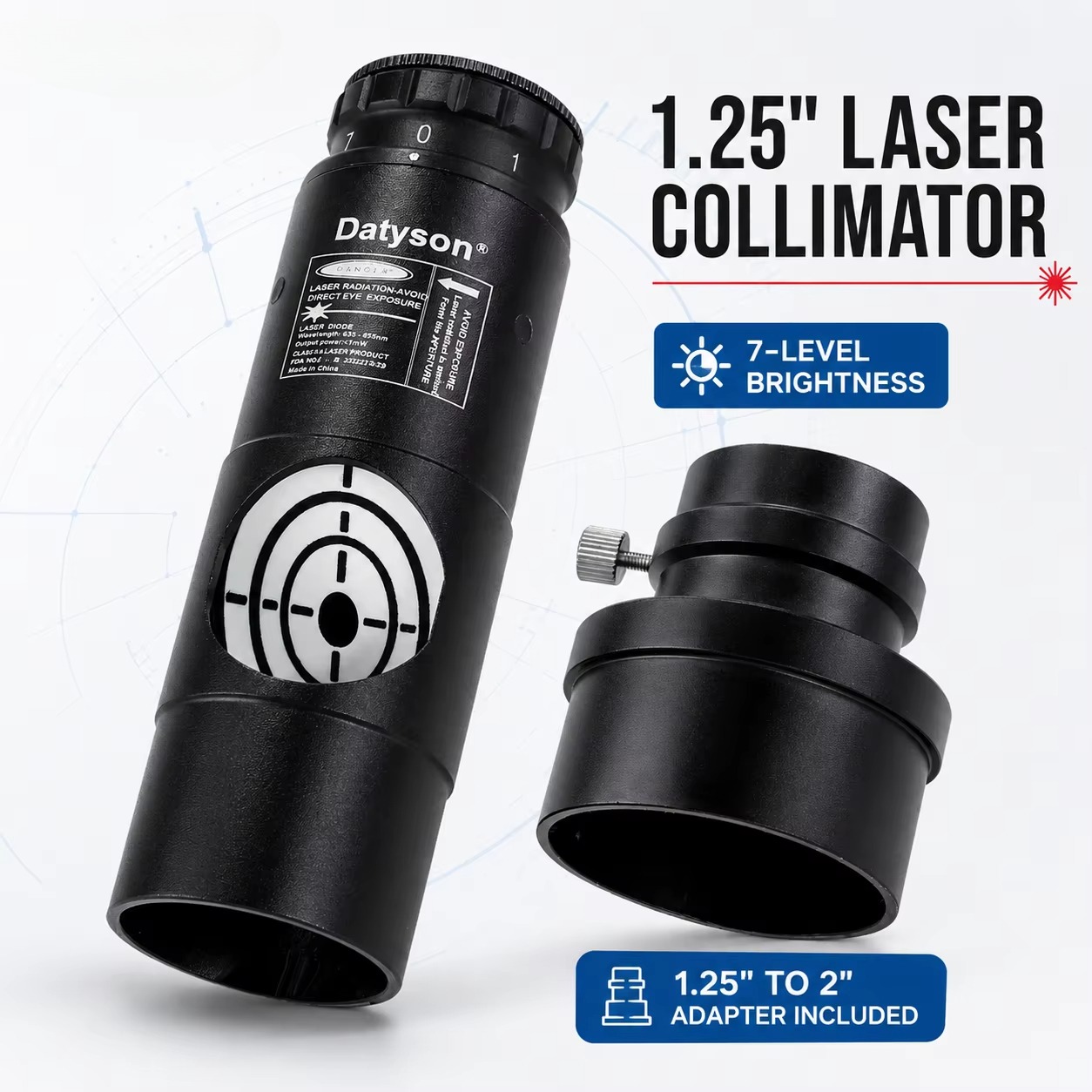 Spirit Level - 1.25インチの赤色レーザー照準器。7段階で調整可能。2インチのアダプター付き。ニュートン式反射望遠鏡用。