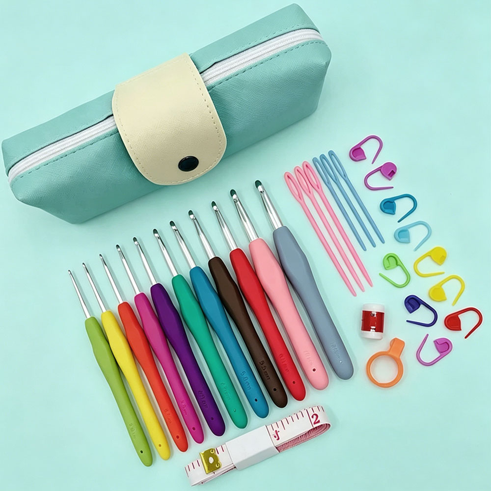 Tool Set - 37個のかぎ針編みフックキット、収納バッグ付き、ソフトハンドルのかぎ針、編み針セット、初心者向けDIY縫製織りツール